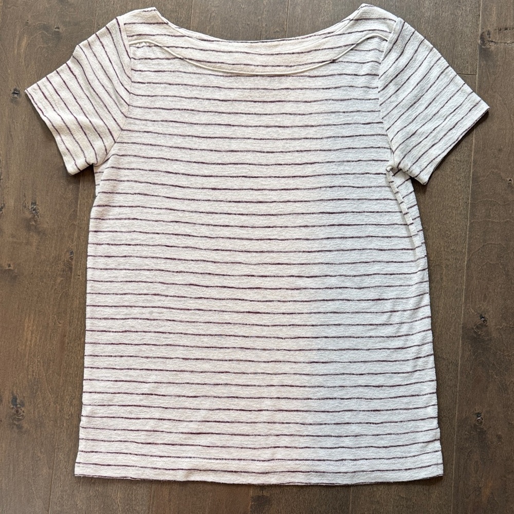 LOFT Burgundy Stripe Boat Neck Short Sleeve Knit Top Size Small